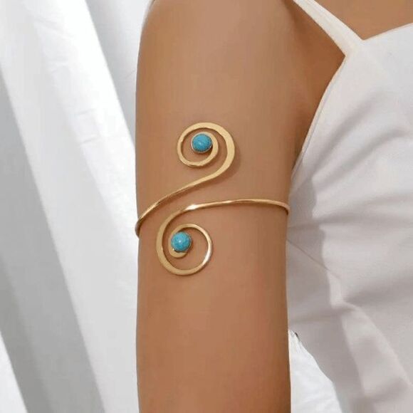 Gold Turquoise Filigree Geometric Boho Adjustable Arm Cuff Armband Bracelet - Picture 1 of 5